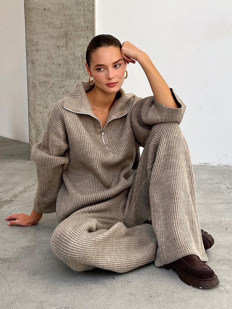 Damen Strick-Loungewear-Ensemble mit weitem Schnitt und hohem Kragen Sovae