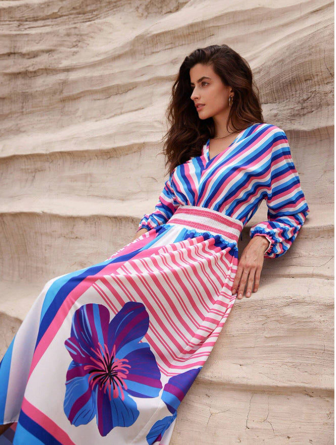 Damen Elegantes Maxikleid mit floralem Design und Streifen Sovae