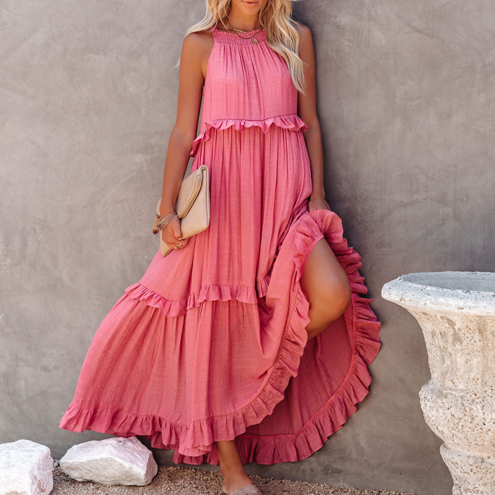Damen Maxikleid mit verspieltem Rüschen-Design und tiefem Ausschnitt Sovae