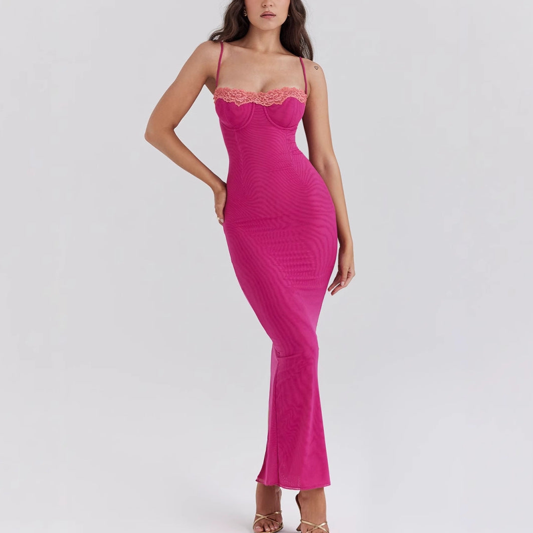 Damen figurbetontes Maxikleid mit Spitzen-Ausschnitt Sovae