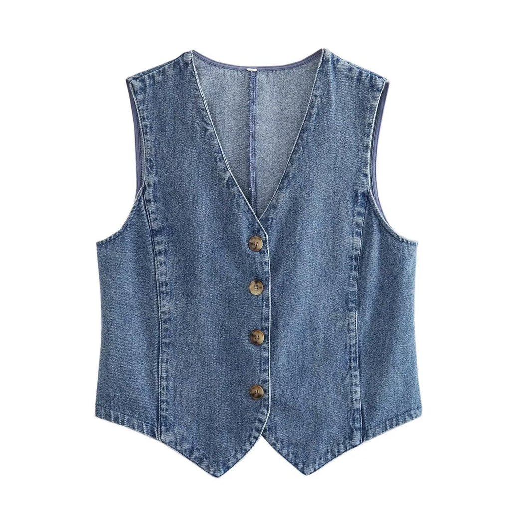 Damen elegante Jeansweste mit Knopfleiste und V-Ausschnitt Sovae