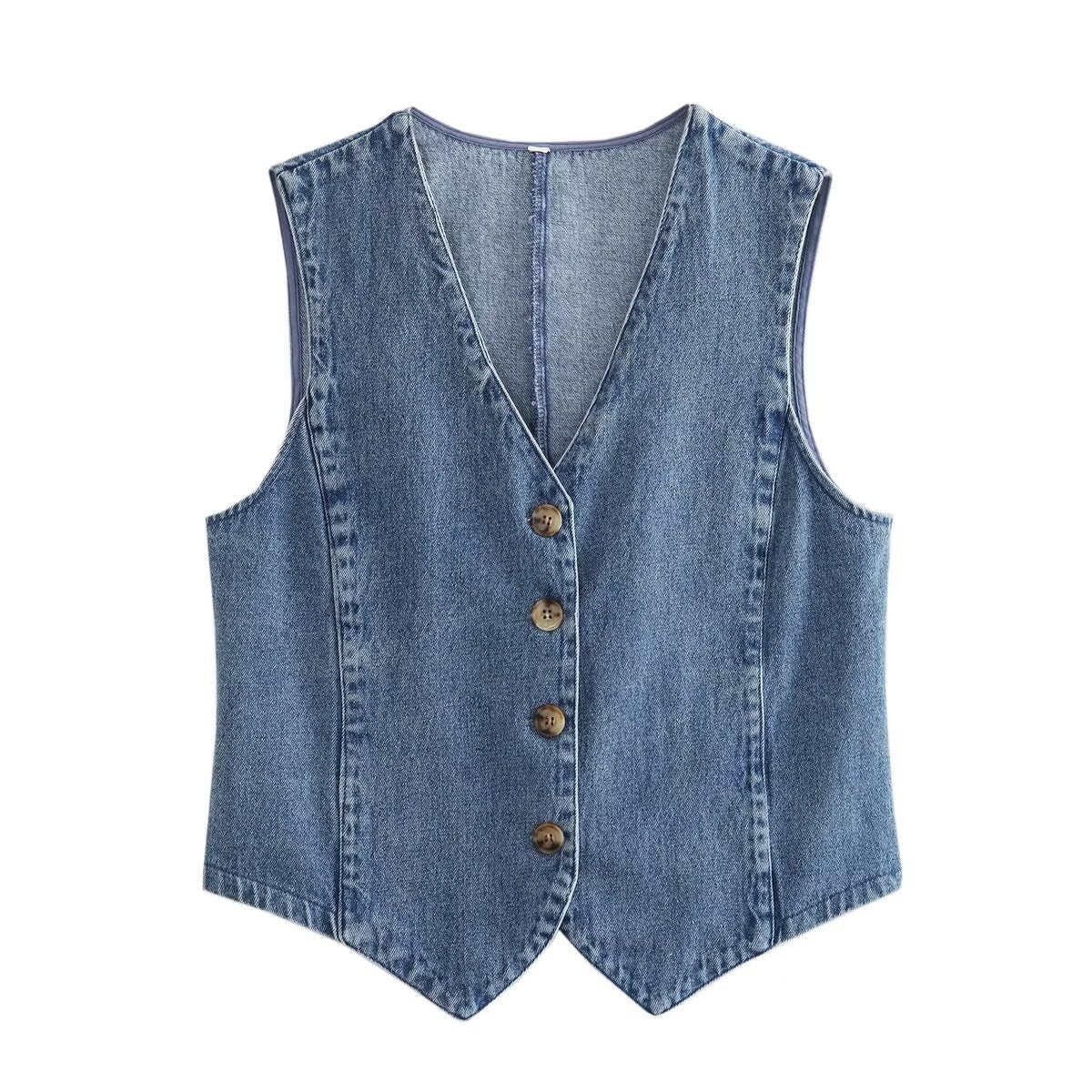 Damen elegante Jeansweste mit Knopfleiste und V-Ausschnitt Sovae