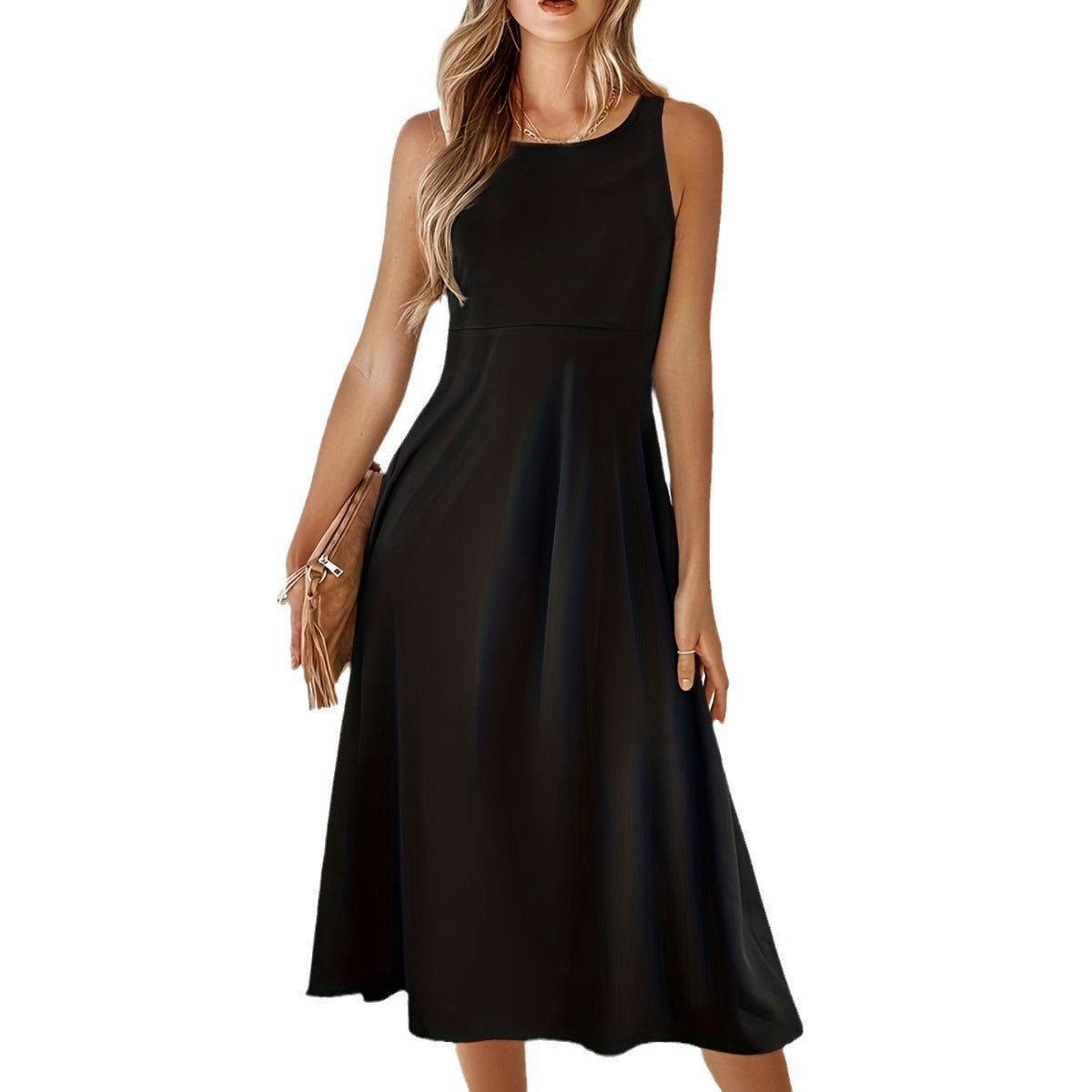Damen klassisches Midikleid mit A-Linie und elegantem Rundhalsausschnitt Sovae