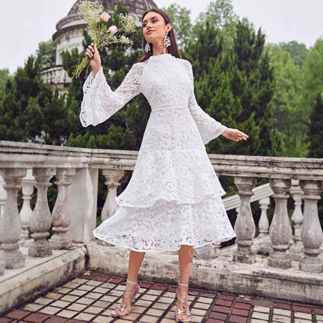 Damen Spitzen-Maxikleid mit voluminösen Ärmeln Sovae