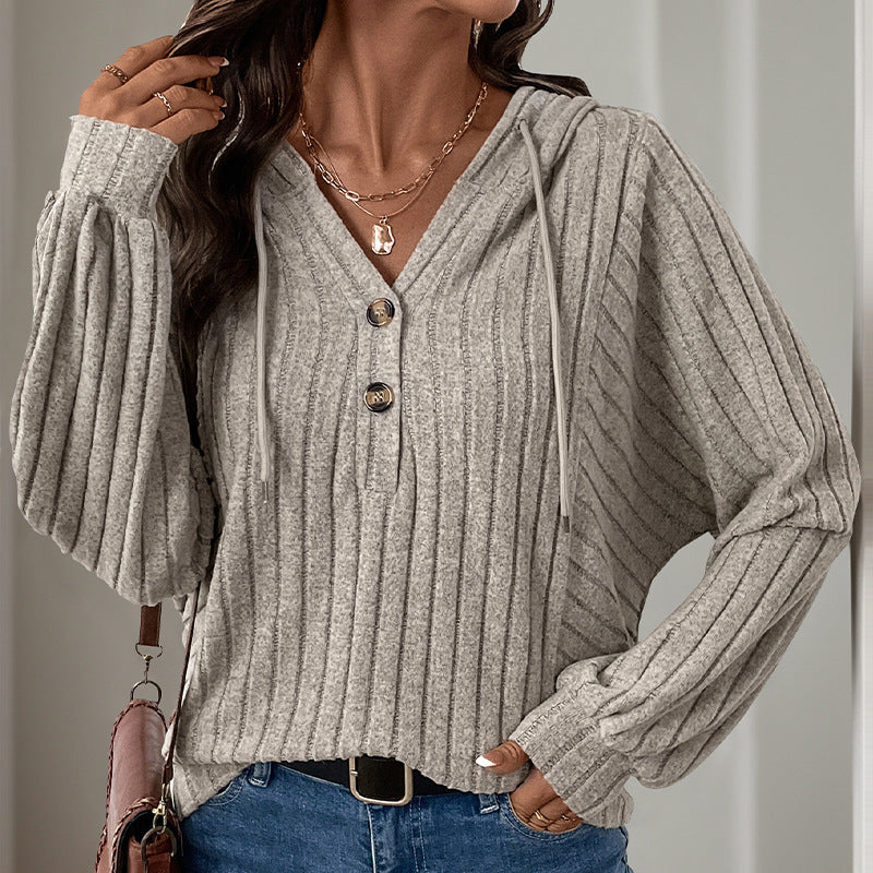 Damen Strickpullover mit Kapuze und Knopfdetail Sovae