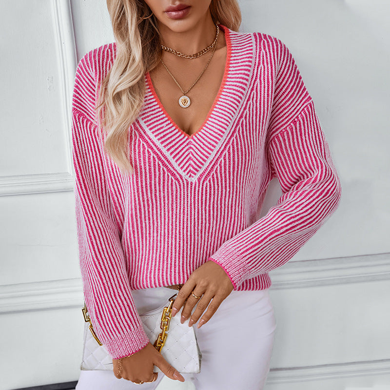 Damen Strickpullover mit V-Ausschnitt und gestreiftem Design Sovae
