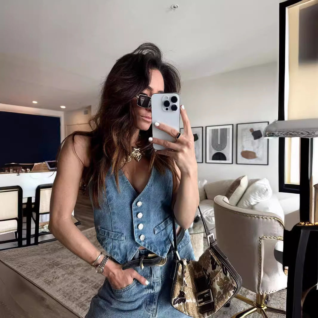 Damen modische Denim-Weste mit knopflosem Design und einzigartigen Details Sovae