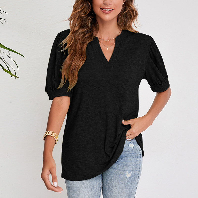 Damen V-Ausschnitt Kurzarmshirt mit Puffärmeln Sovae