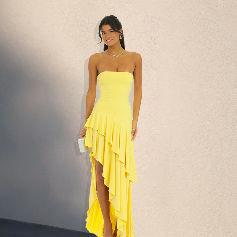 Damen langes Wickelkleid mit voluminösen Rüschendetails Sovae