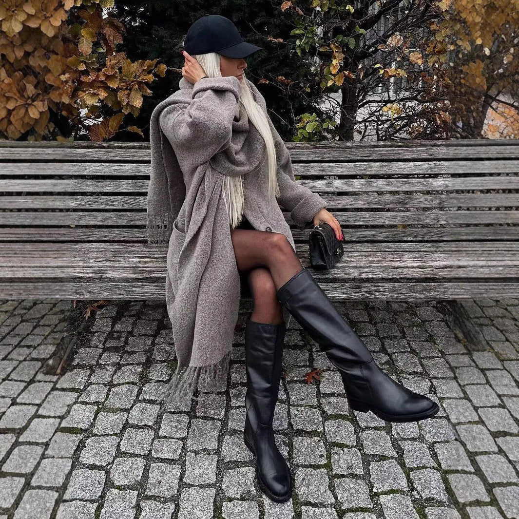 Damen stylische Strickjacke mit Schal und Knopfdetails Sovae
