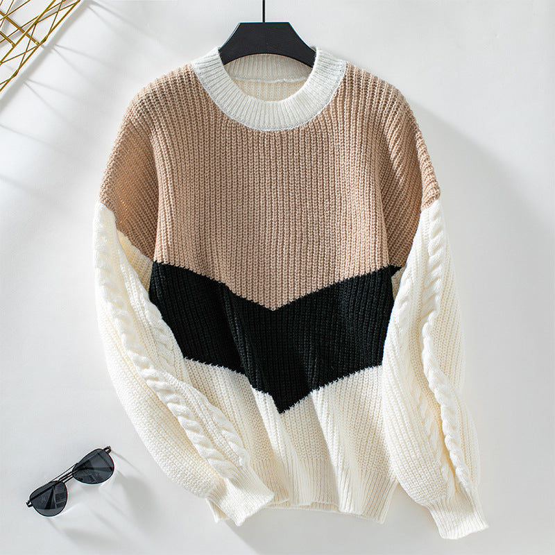 Damen modischer Strickpullover mit raffinierten Zopfmuster-Ärmeln und Kontrastfarben Sovae