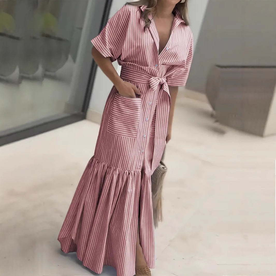 Damen Maxikleid mit Bindegürtel und Streifenmuster Sovae