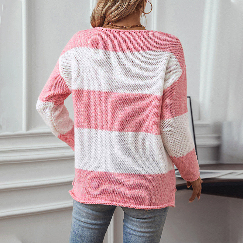 Damen lässiger V-Ausschnitt Strickpullover mit großzügigem Streifenmuster Sovae