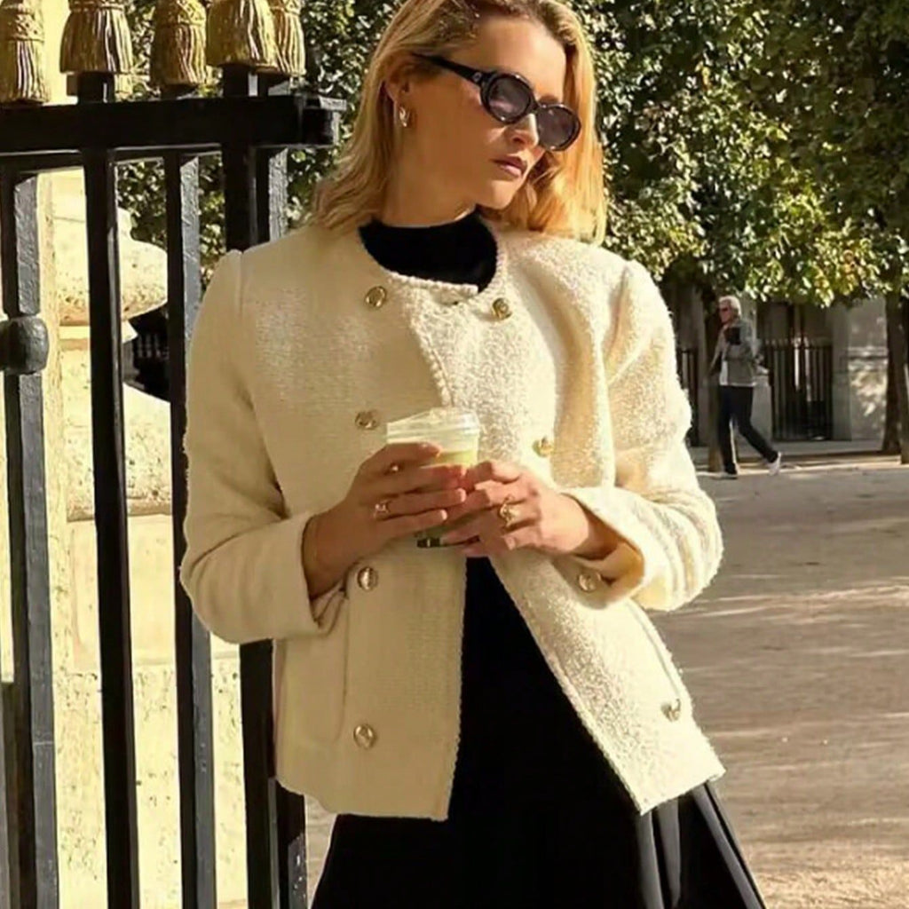 Damen elegante Bouclé-Jacke mit dekorativen Knöpfen und aufgesetzten Taschen Sovae