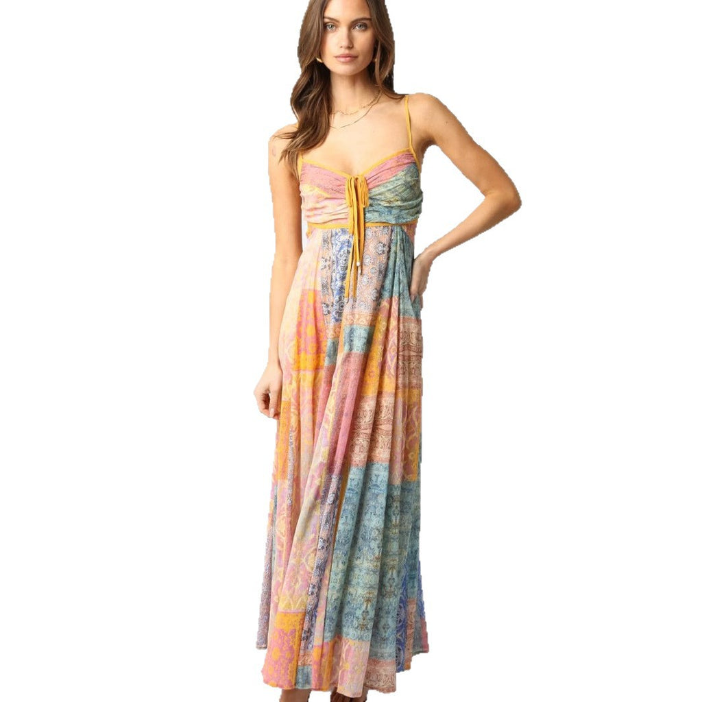 Damen Maxikleid mit verspieltem Patchwork-Muster und elegantem Taillenzug Sovae