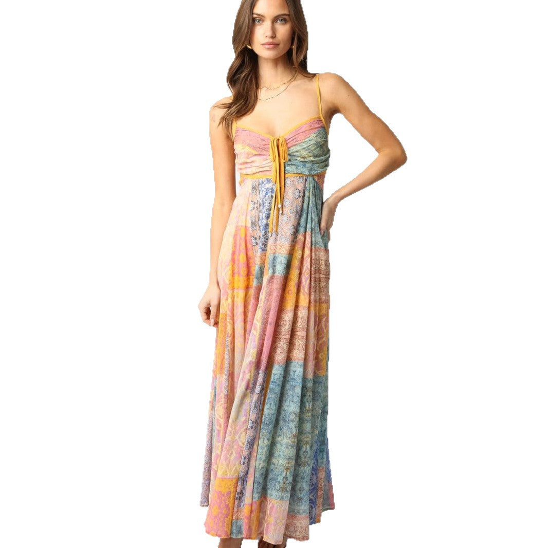 Damen Maxikleid mit verspieltem Patchwork-Muster und elegantem Taillenzug Sovae