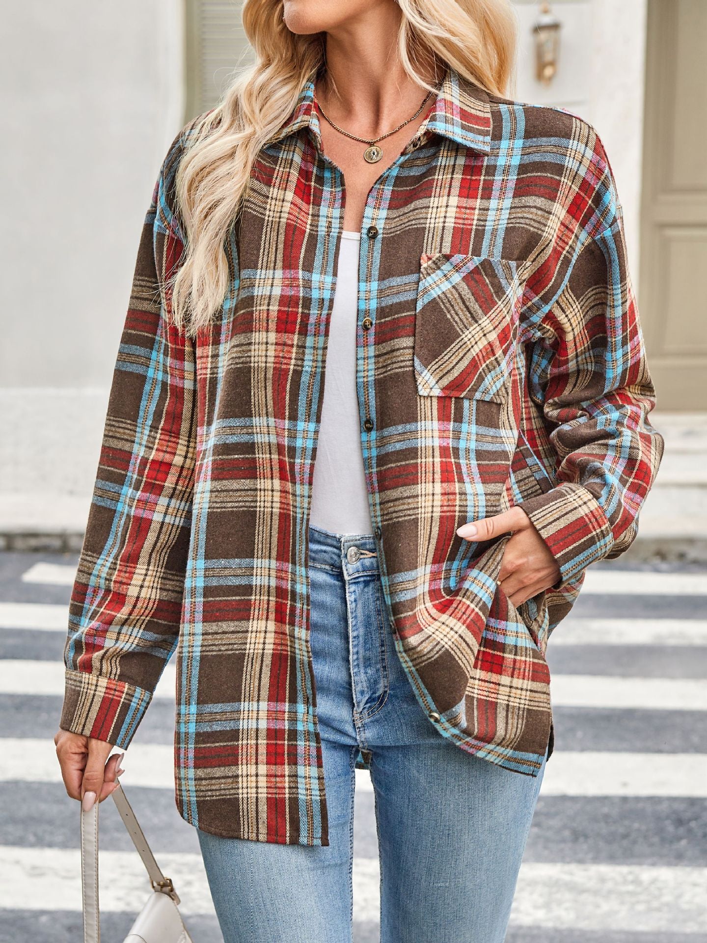 Damen Karierter Flanellhemd mit Brusttasche Sovae