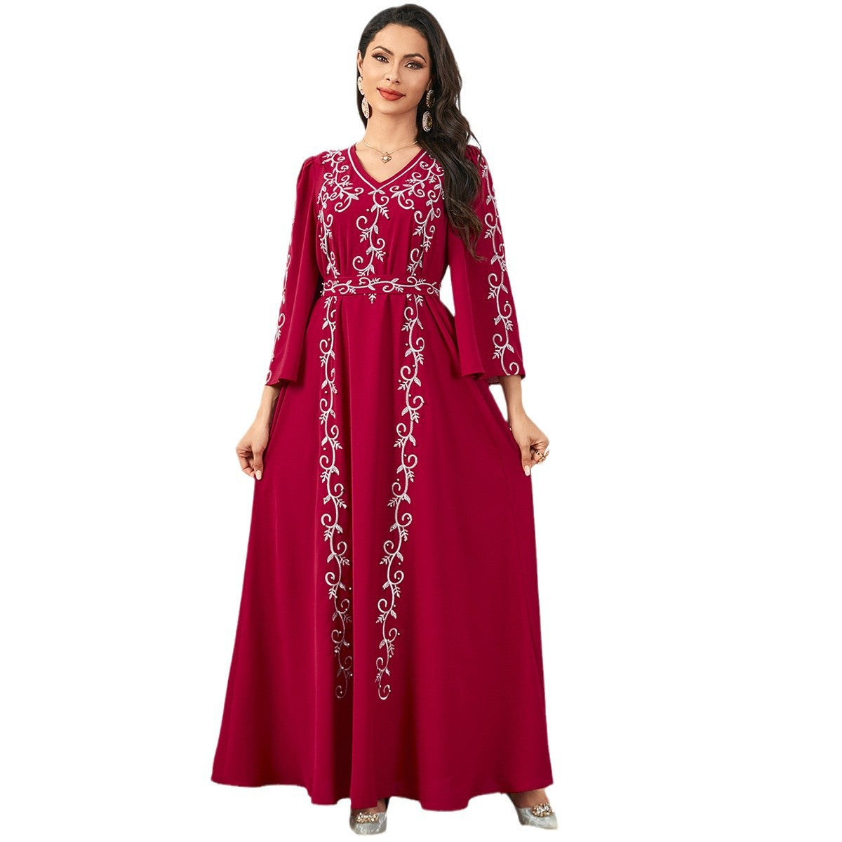 Damen Langes, besticktes Kleid mit eleganten Ärmeln Sovae