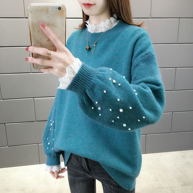 Damen trendiger Strickpullover mit Perlendetails und voluminösen Ärmeln Sovae