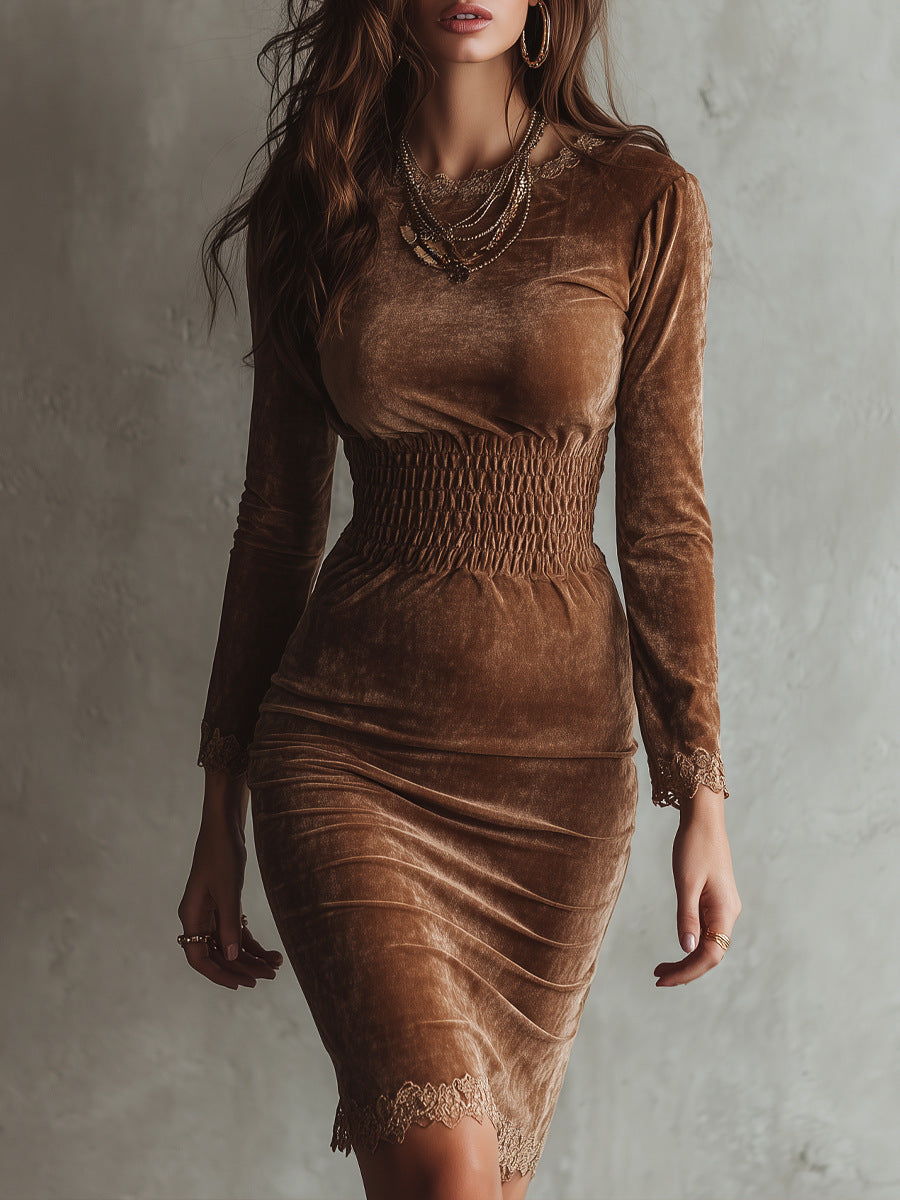 Damen figurbetontes Samtkleid mit Raffung und Spitzenakzenten Sovae