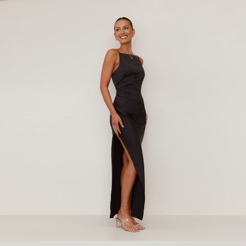 Damen elegantes Maxi-Kleid mit hohem Schlitz und raffiniertem Satinfinish Sovae