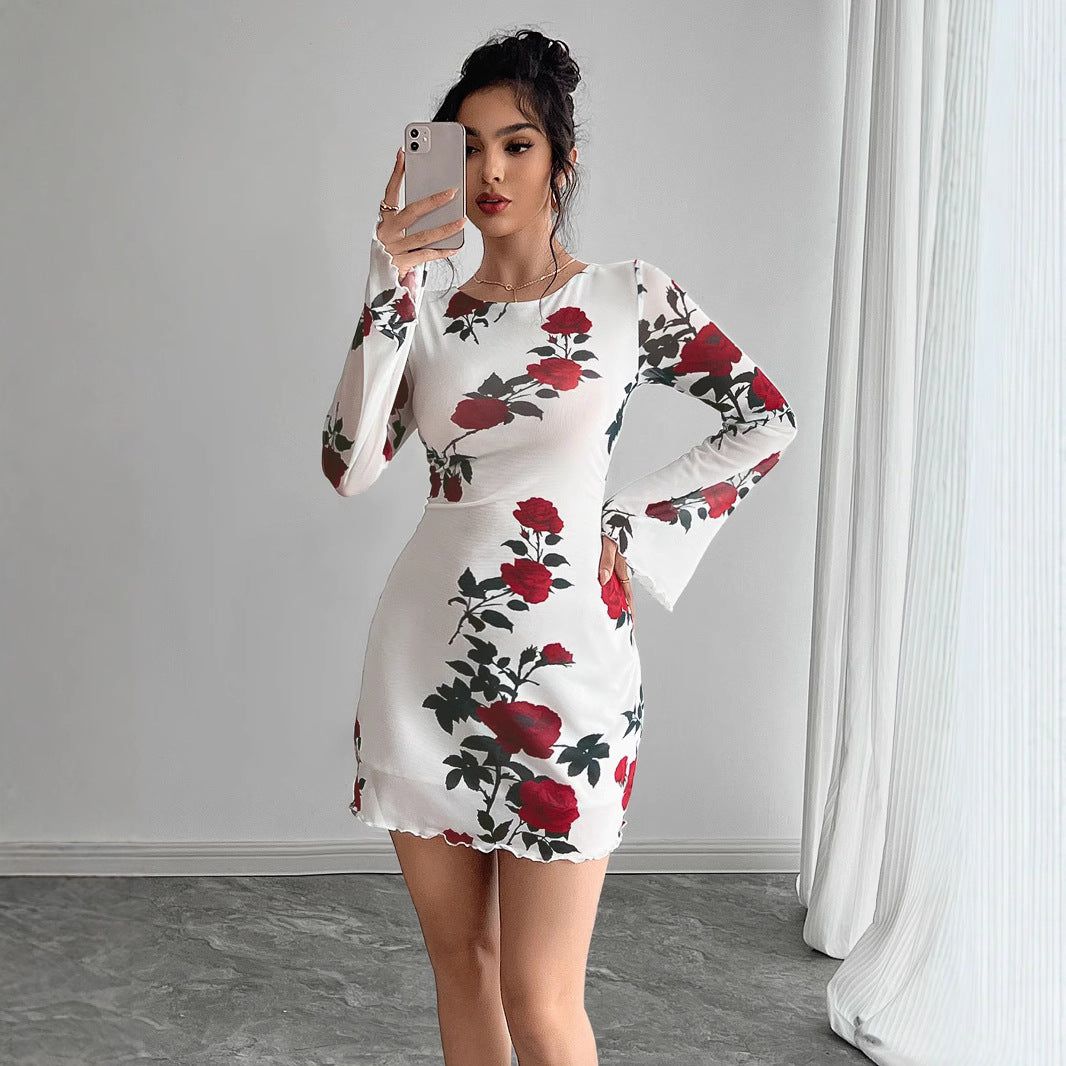 Damen Floral Minikleid mit langen Ärmeln Sovae