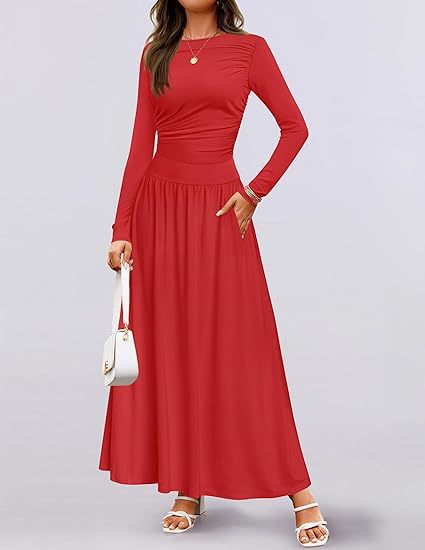 Damen Maxikleid mit langem Arm und eleganter Raffung Sovae