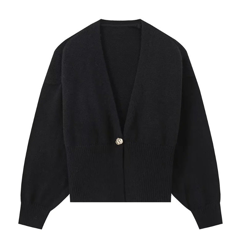 Damen elegante Strickjacke mit tiefem V-Ausschnitt und Knopfdetail Sovae