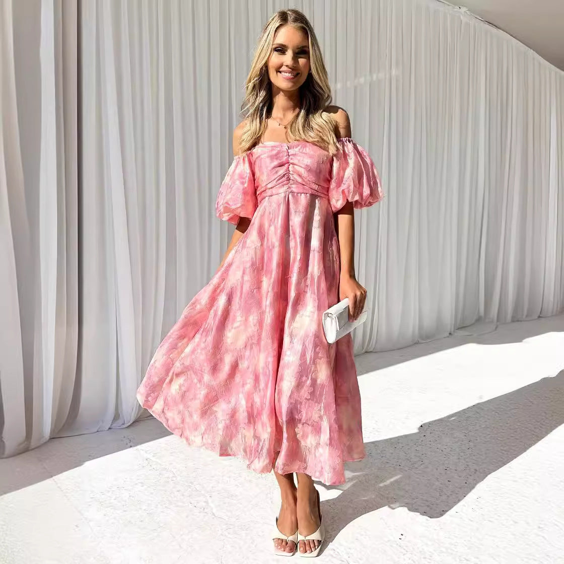 Damen Abendkleid mit Puffärmeln und floralem Jacquard-Muster Sovae