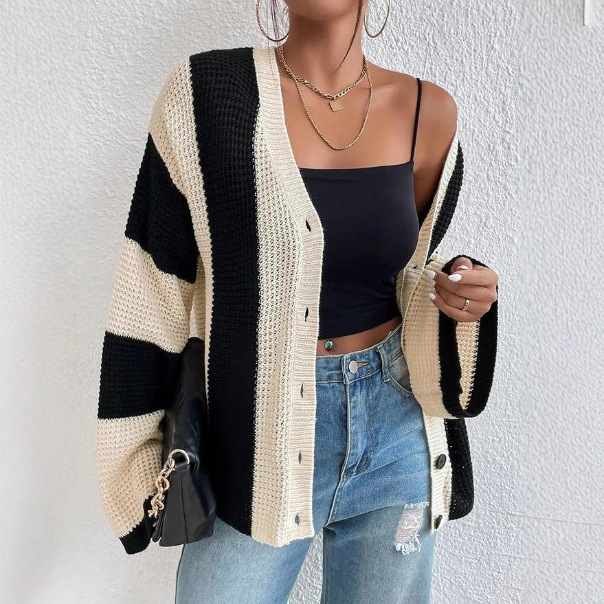 Damen stylische Strickjacke mit breiten Blockstreifen Sovae