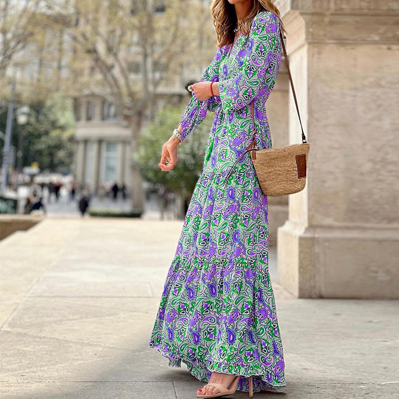 Damen Maxikleid mit gebundenem V-Ausschnitt und voluminösen Ärmeln Sovae