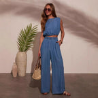 Damen lässiger Denim Jumpsuit mit cropped Oberteil Sovae