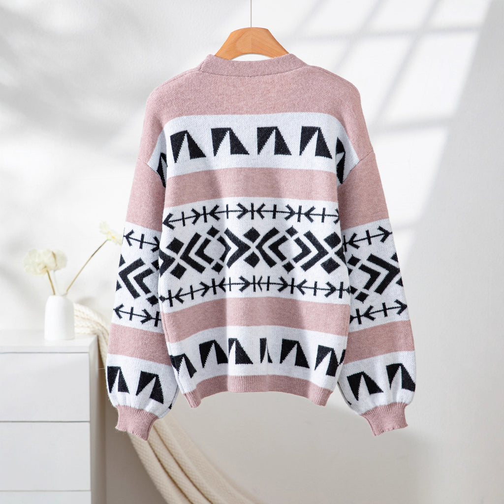 Damen gemütliche Strickjacke mit dekorativem Ethnomuster und offenem Schnitt Sovae