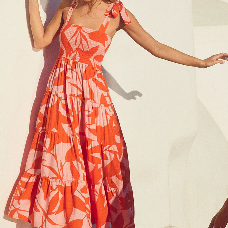Damen luftiges Maxikleid mit Spaghettiträgern und Rüschendetails Sovae