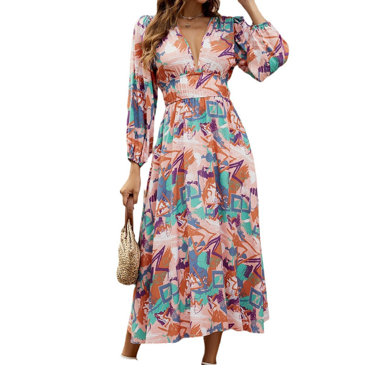 Damen Maxi-Kleid mit tiefem V-Ausschnitt und eleganten langen Ärmeln Sovae