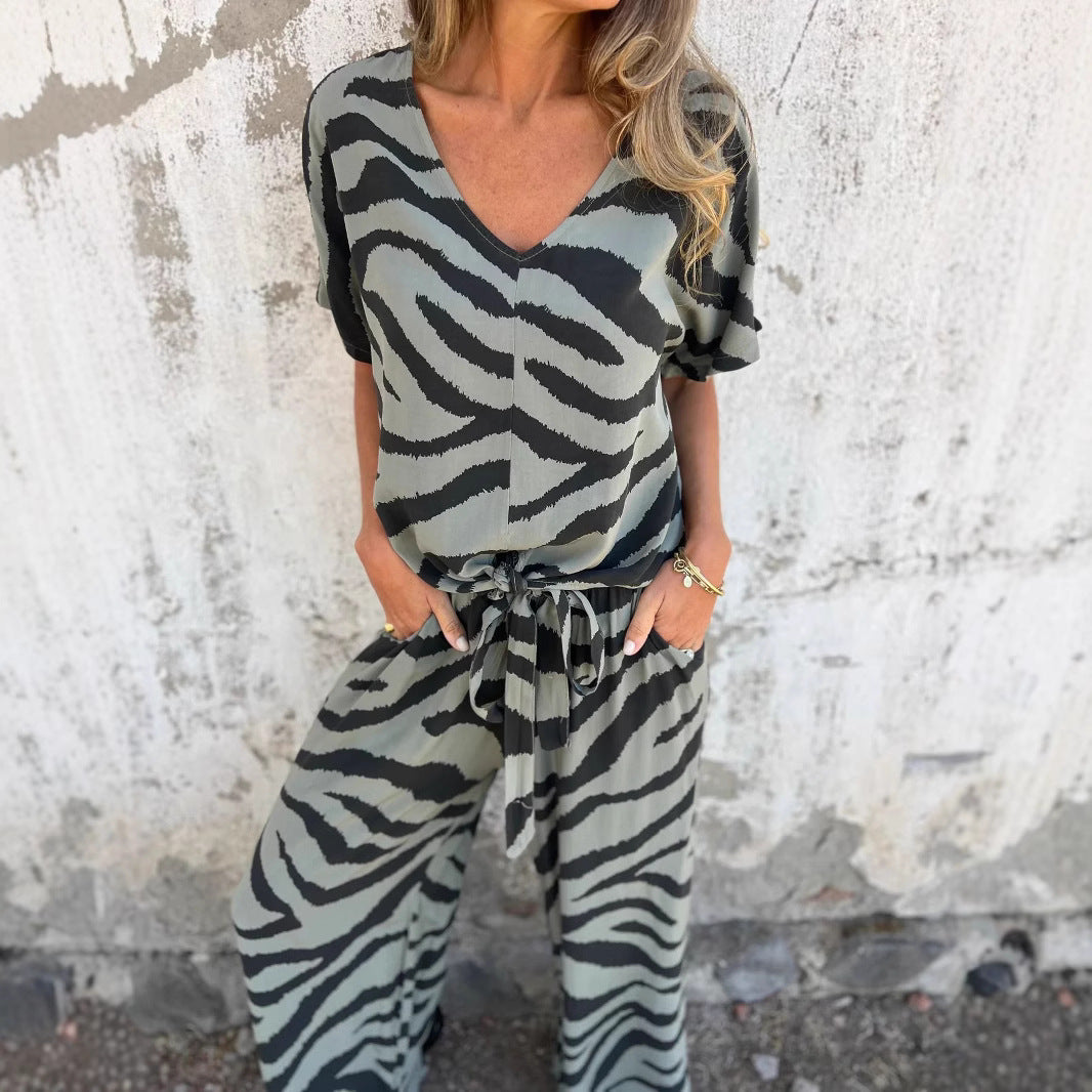 Damen Elegantes Jumpsuit mit weitem Bein und vintage Tierdruck Sovae