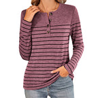Damen Langarmshirt mit modischem Knopfverschluss und feinen Streifen Sovae