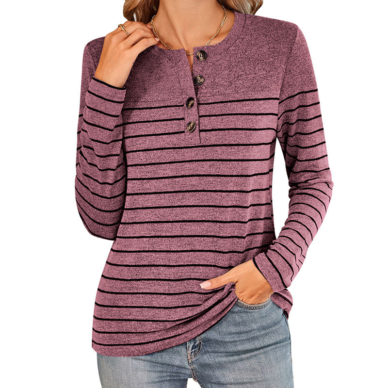 Damen Langarmshirt mit modischem Knopfverschluss und feinen Streifen Sovae