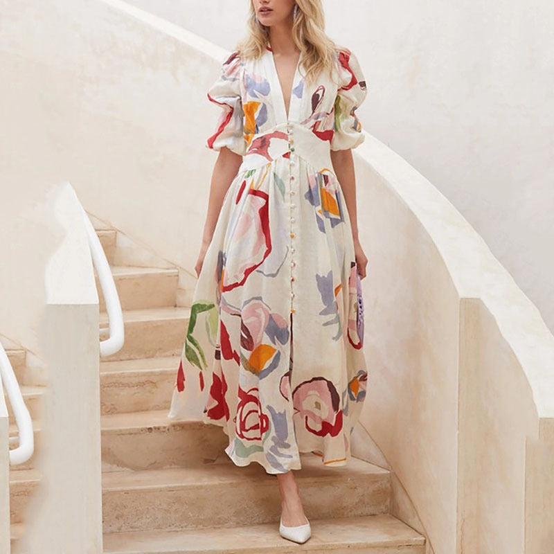 Damen Maxikleid mit voluminösen Ärmeln und floralem Muster Sovae