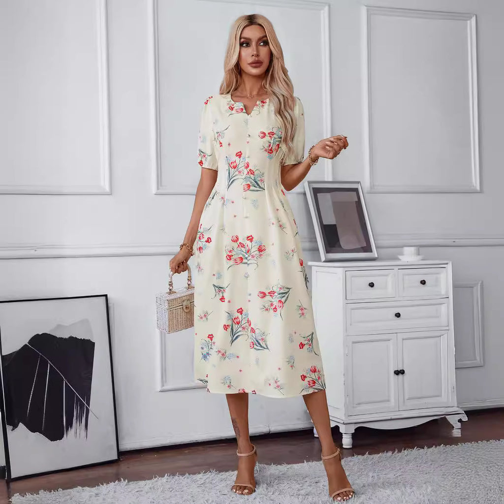 Damen Midi-Kleid mit floralen Motiven und Knopfleiste Sovae