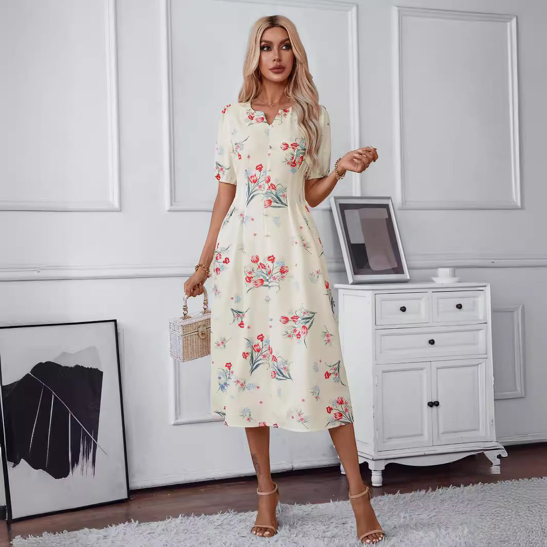 Damen Midi-Kleid mit floralen Motiven und Knopfleiste Sovae