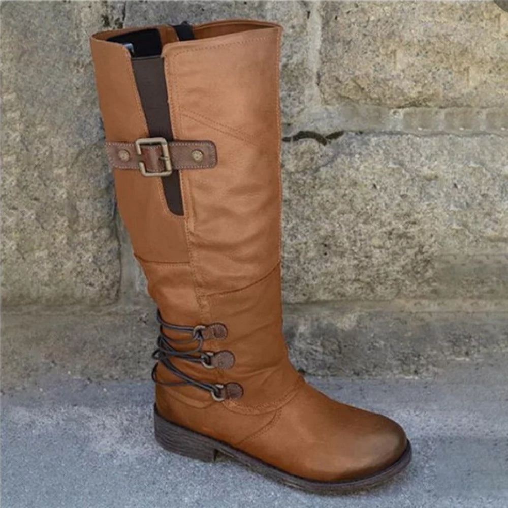 Damen Lederstiefel mit dekorativem Riemen und praktischem Schnürdesign Sovae