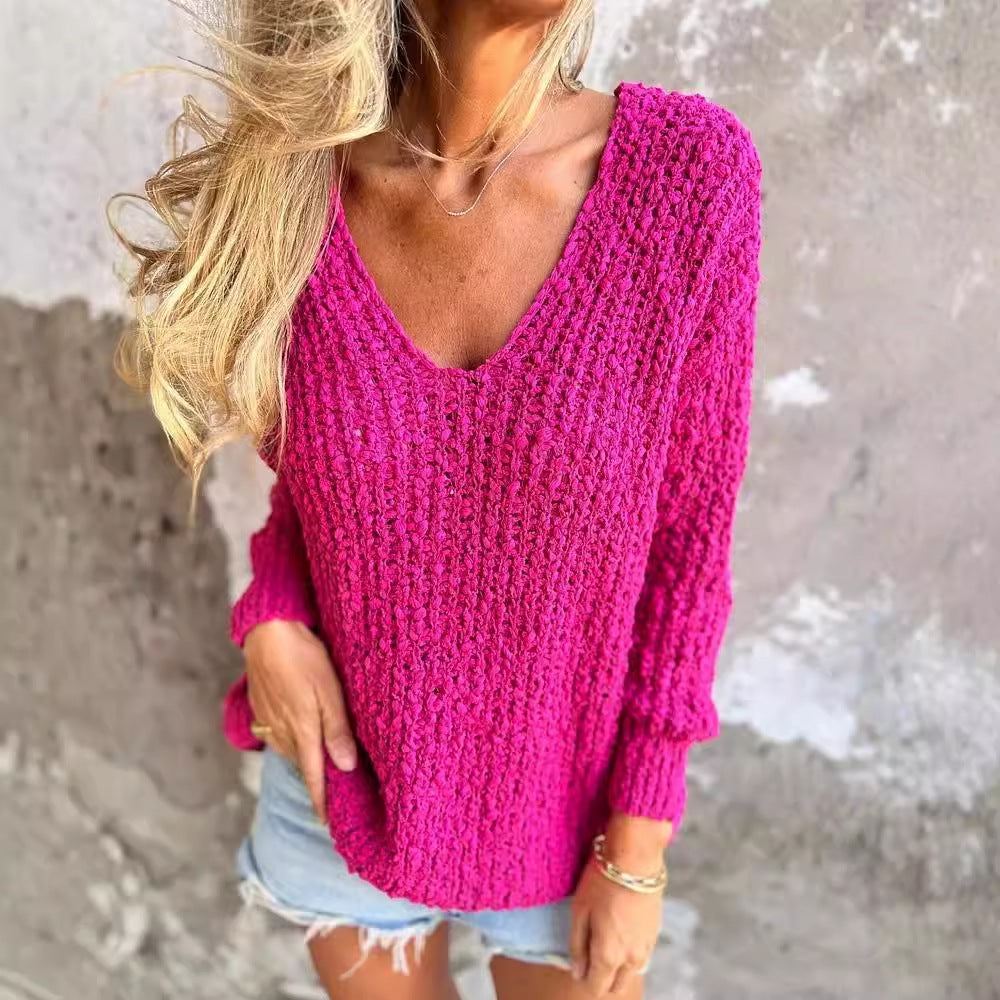 Damen lässiger Viskose-Strickpullover mit V-Ausschnitt Sovae