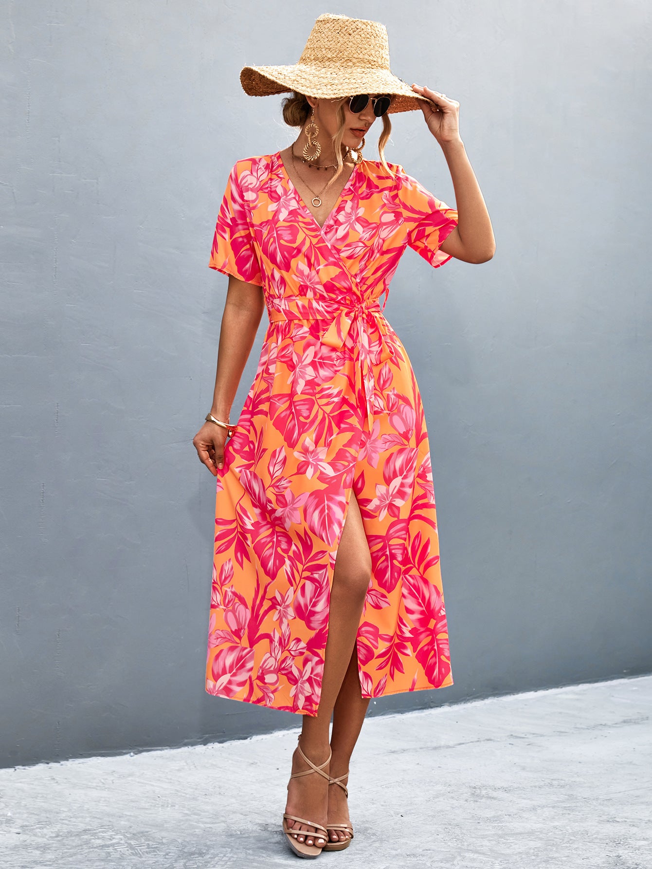 Damen Wickelmaxikleid mit floralem Muster und eleganter Schärpe Sovae