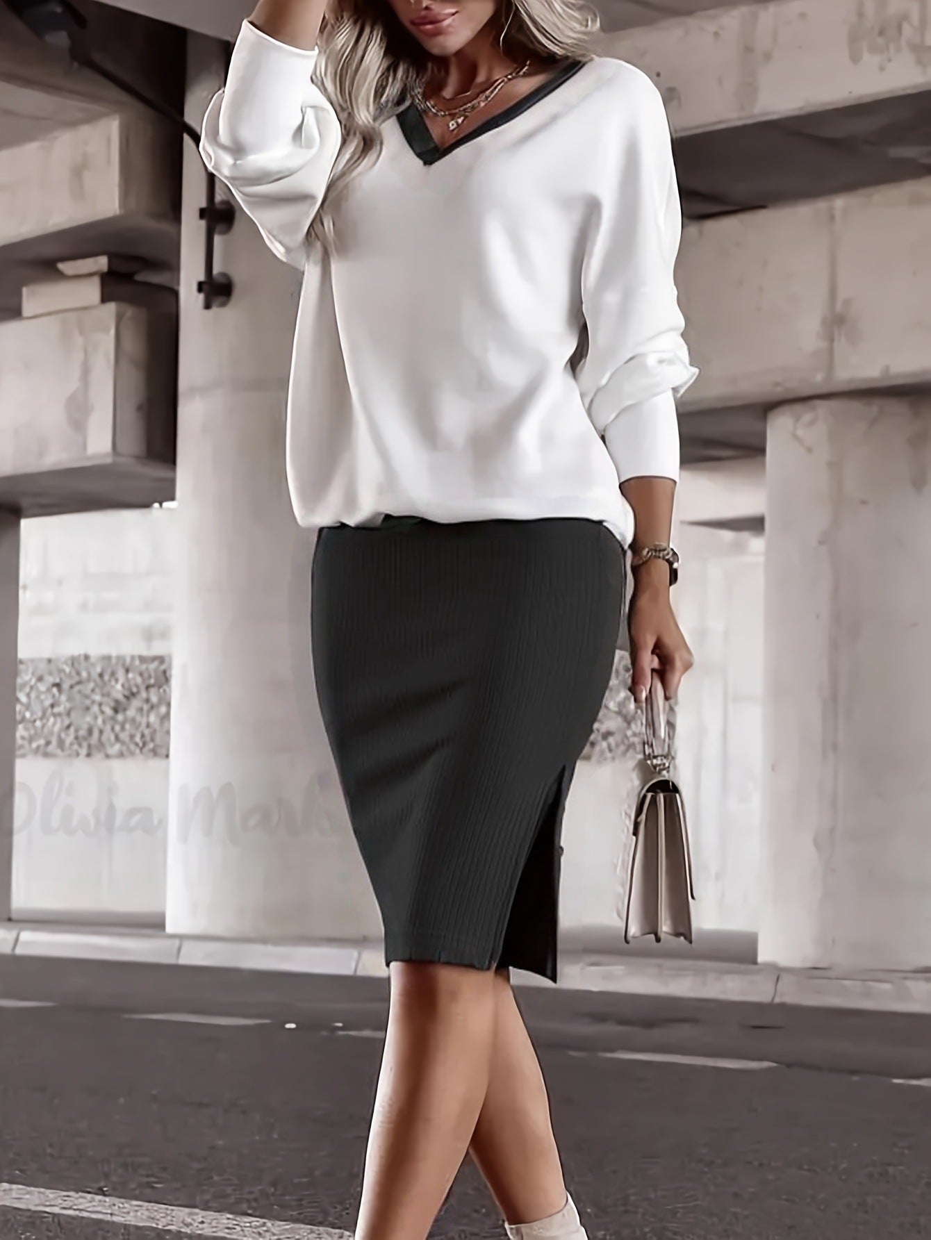 Damen lässiger Pullover mit V-Ausschnitt und eleganter Bleistiftrock Sovae