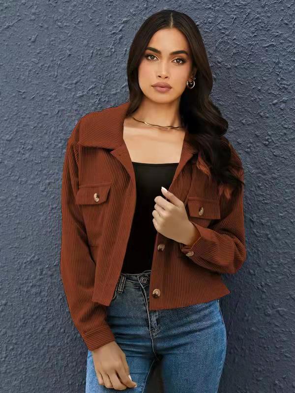 Damen elegante Cordjacke mit praktischen Taschen und modischem Kragen Sovae