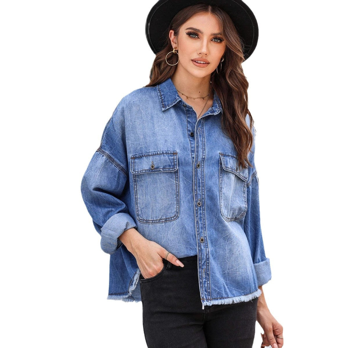 Damen lässige Oversized Jeanshemd mit aufgesetzten Taschen Sovae