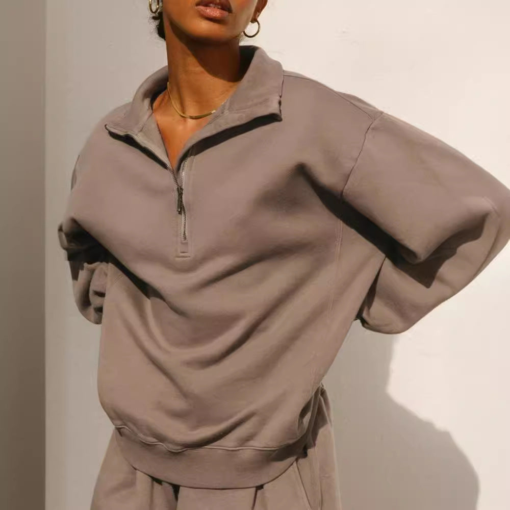 Damen lässiger Zip-Pullover mit hohem Kragen und weitem Schnitt Sovae