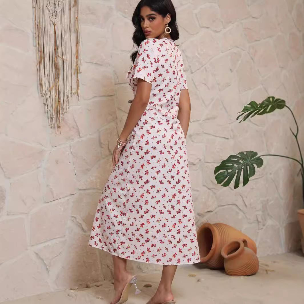 Damen Midi-Kleid mit floralem Muster und eleganter Schleife Sovae