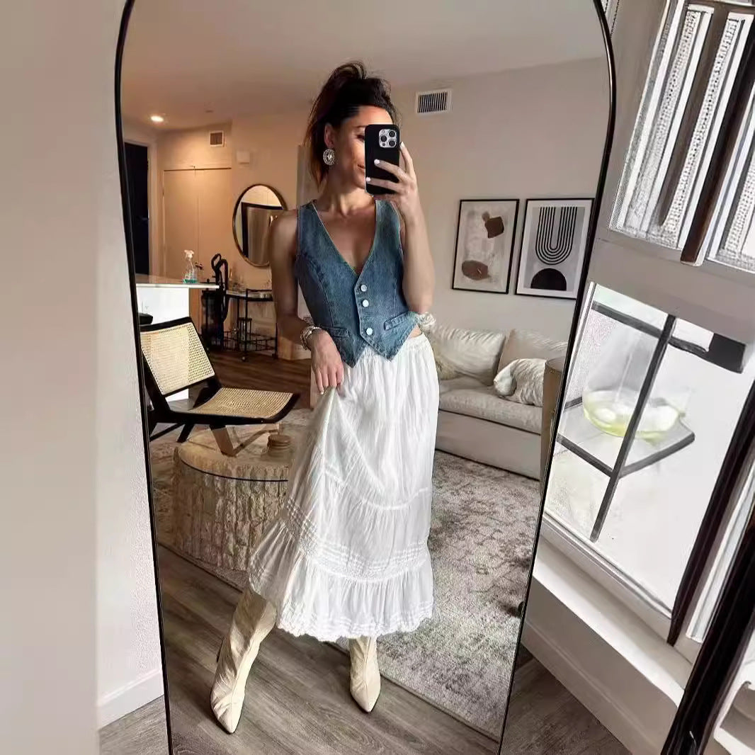 Damen modische Denim-Weste mit knopflosem Design und einzigartigen Details Sovae